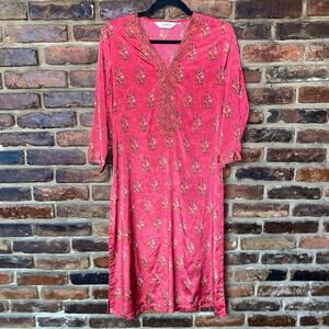 Biba Red Floral Kurta Long Sleeve Midi Dress Women's Size 36 Large
